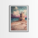 Fantasy Castle Framed Canvas Print Dreamy Coastal Art, Whimsical Beach Painting, Living Room Wall Decor, Pastel Ocean Landscape