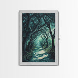 Mystical Tree Tunnel Framed Canvas Print Enchanted Forest Art, Fantasy Landscape, Dark Green Nature Decor, Living Room Wall Art