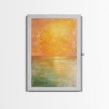 Golden Sunset Horizon Framed Canvas Print Warm Minimalist Wall Art, Serene Ocean Painting, Modern Living Room Decor, Calming Tones