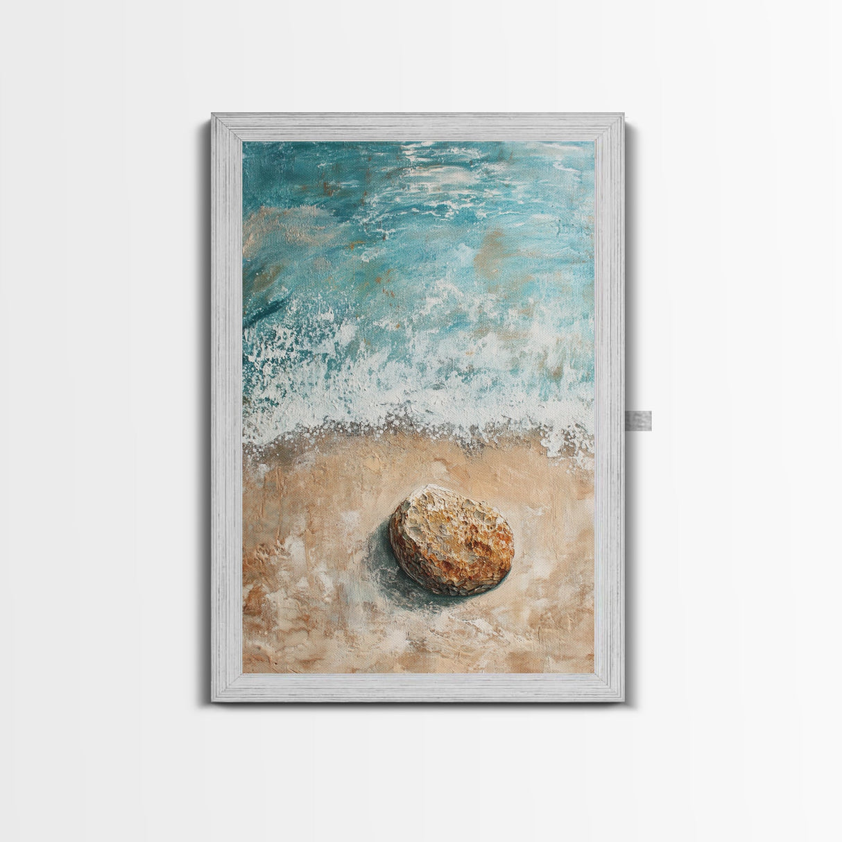 Serene Beach Stone Canvas Print Tranquil Ocean Art, Coastal Zen Wall Decor, Relaxing Beach House Style, Minimalist Seascape Painting