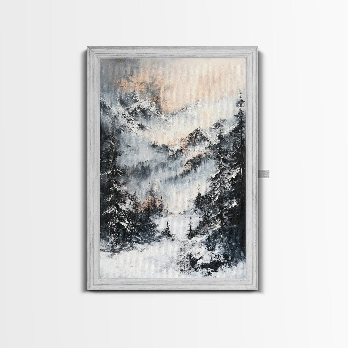 Snowy Mountain Scene Canvas Print Winter Wonderland Wall Art, Alpine Landscape Painting, Cozy Cabin Decor, Neutral Holiday Artwork