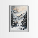 Snowy Mountain Scene Canvas Print Winter Wonderland Wall Art, Alpine Landscape Painting, Cozy Cabin Decor, Neutral Holiday Artwork