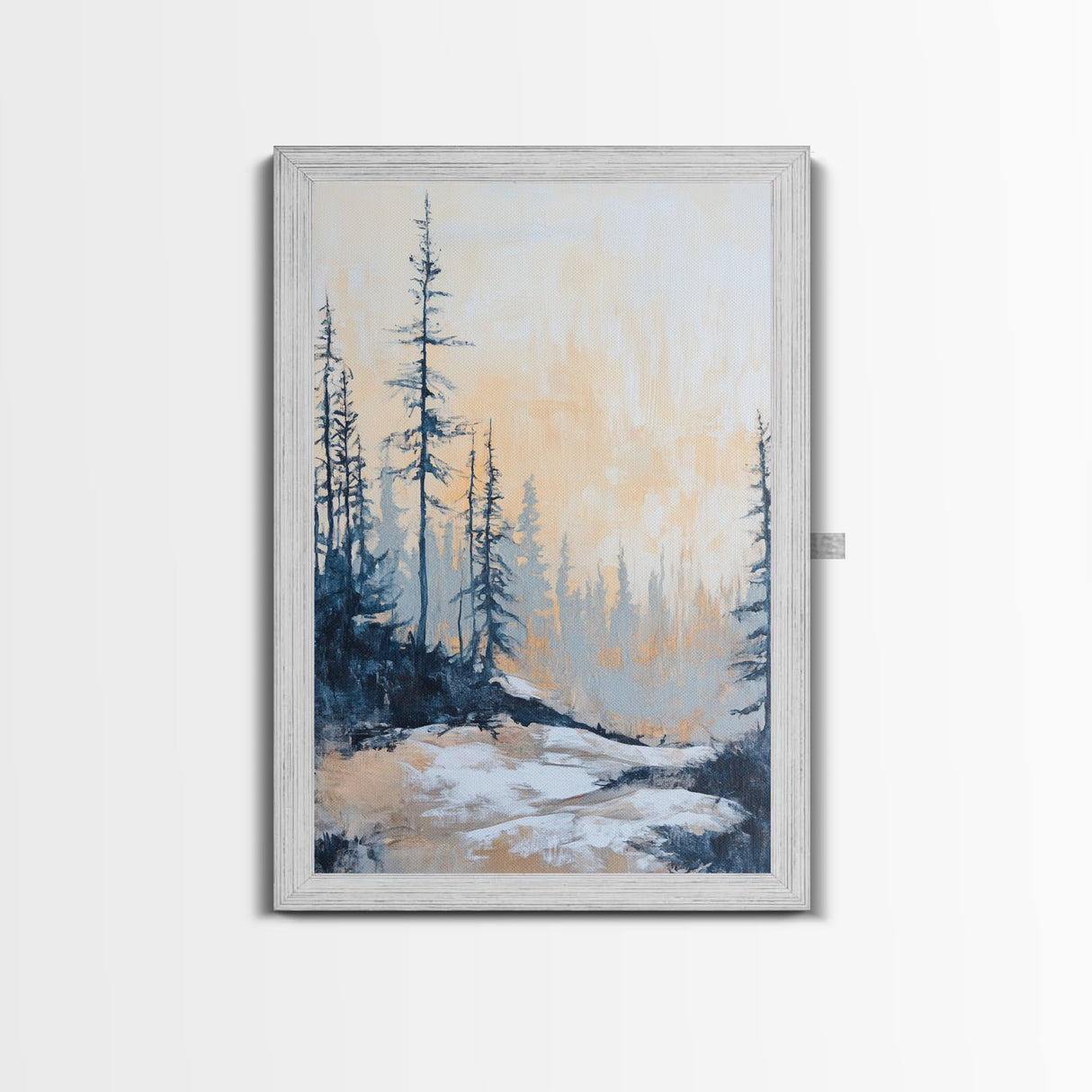Misty Forest Framed Canvas Print Winter Landscape Wall Art, Nordic Minimalist Decor, Moody Nature Painting, Serene Living Room Artwork