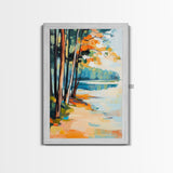 Lakeside Forest Art Framed Canvas Print Autumn Landscape Painting Serene Nature Wall Decor Warm Cozy Home Aesthetic Rustic Living Room