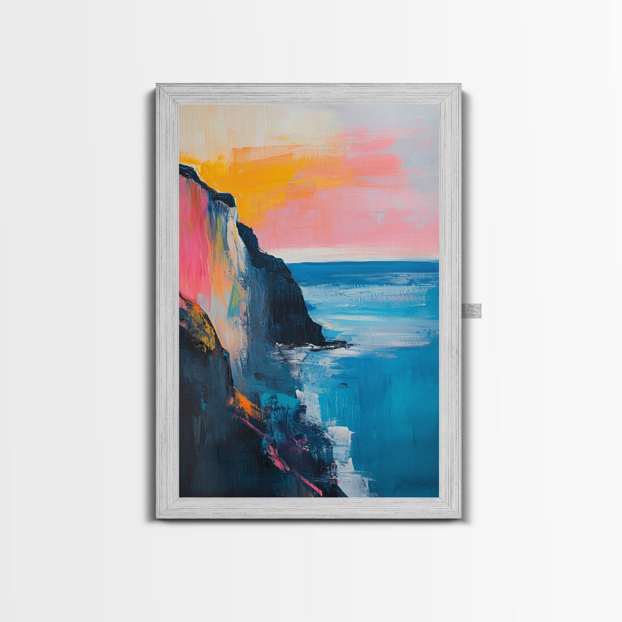 Sunset Cliff Framed Canvas Print Coastal Seascape Wall Art Vibrant Ocean Painting Modern Beach House Decor Relaxing Home Gift