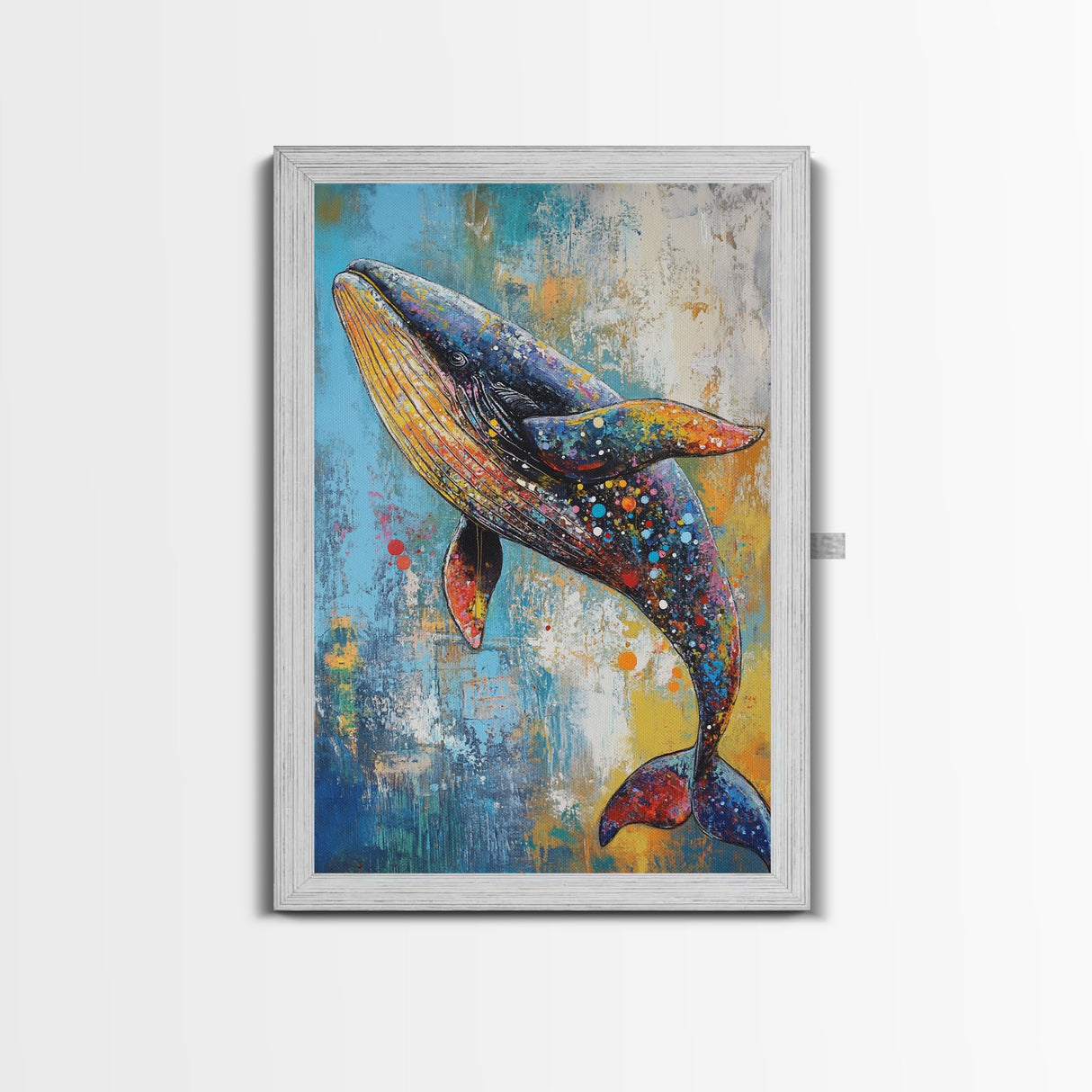 Blue Whale Framed Canvas Print Ocean Wildlife Art Colorful Nautical Wall Decor Coastal Home Aesthetic Sea Lover Gift