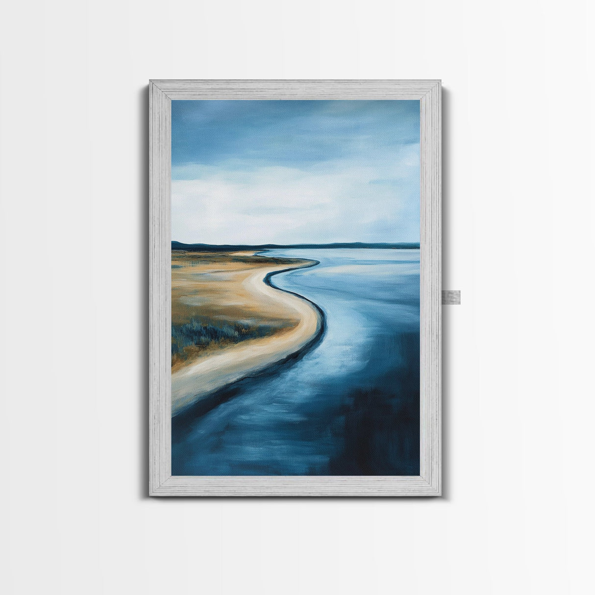 Serene Shoreline Framed Canvas Print Minimalist Coastal Landscape Wall Art, Beach Tranquility Painting, Nautical Home Decor