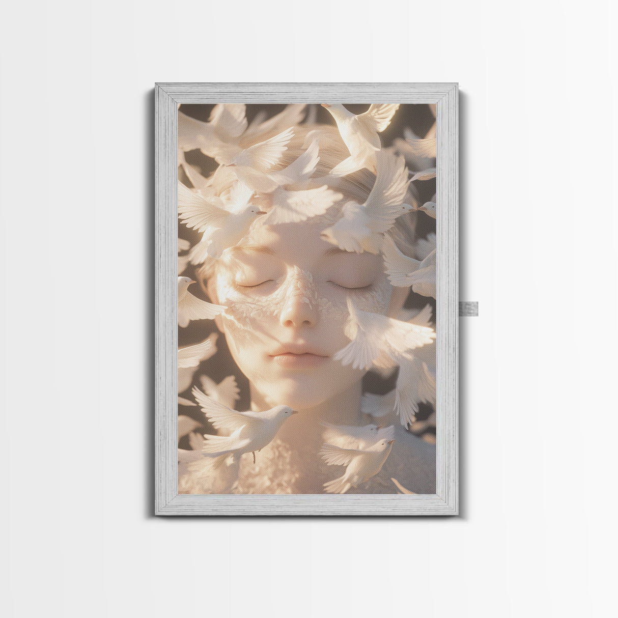 Ethereal White Dove Art Framed Canvas Print - Surreal Dreamy Wall Art, Minimalist Angelic Decor, Bedroom Meditation Art, Boho Aesthetic