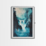 waterfall painting, landscape painting, framed canvas print, mountain painting, rustic wall art, blue and green wall art, gift idea