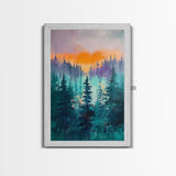 pine tree art, landscape painting, framed canvas print, mountain painting, forest at dusk painting, rustic wall art, gift idea