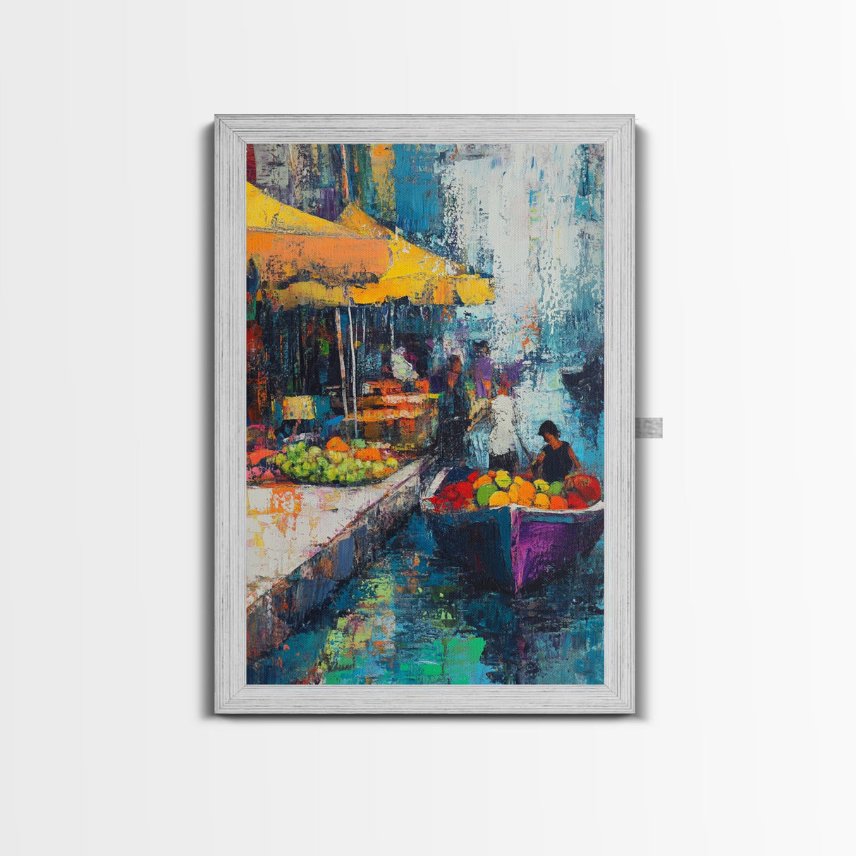 Market Boats, Coastal Decor, Nautical Painting, Vibrant Wall Art, Rustic Art, Canvas Print, Extra Wide Art, Living Room Art