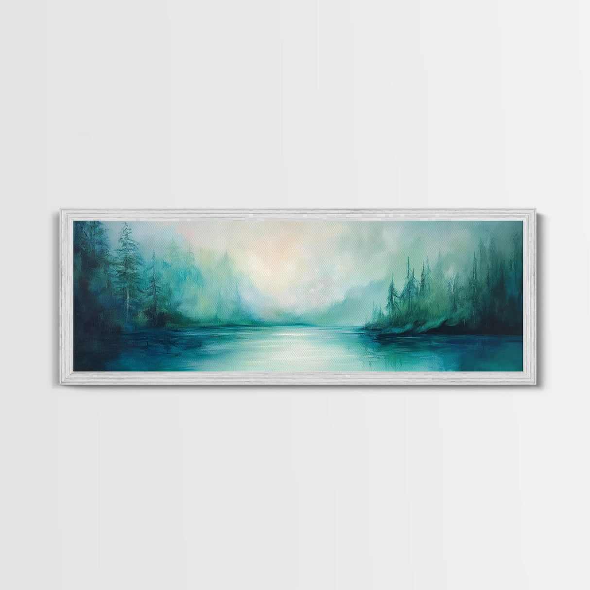 Forest Lake Morning Framed Canvas Print Calm Nature Art, Misty Green Landscape, Cabin Wall Decor, Peaceful Living Room Artwork