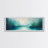 Forest Lake Morning Framed Canvas Print Calm Nature Art, Misty Green Landscape, Cabin Wall Decor, Peaceful Living Room Artwork
