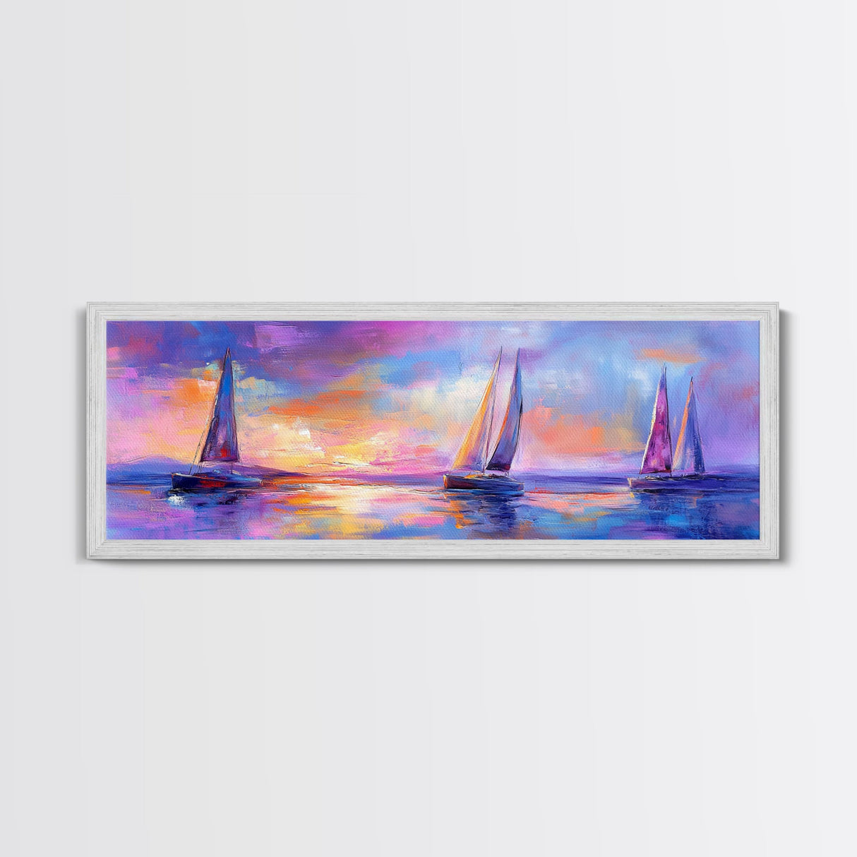 Sailboats at Sunset Framed Canvas Print Nautical Wall Art, Vibrant Ocean Painting, Coastal Home Decor, Large Living Room Artwork