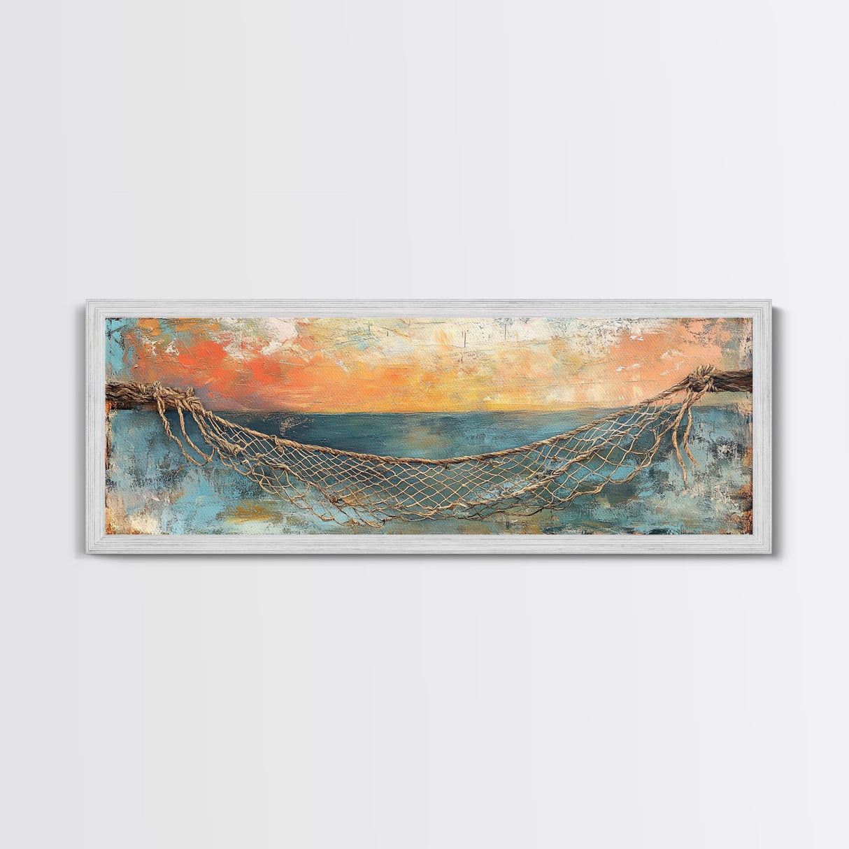 Fishing Net Sunset Canvas Print Coastal Wall Art Nautical Seaside Artwork Beach House Decor Ocean Landscape Framed Print