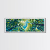 Sunlit Forest Framed Canvas Print Vibrant Nature Wall Art, Green Tree Canopy Painting, Bright Boho Decor, Botanical Living Room Art