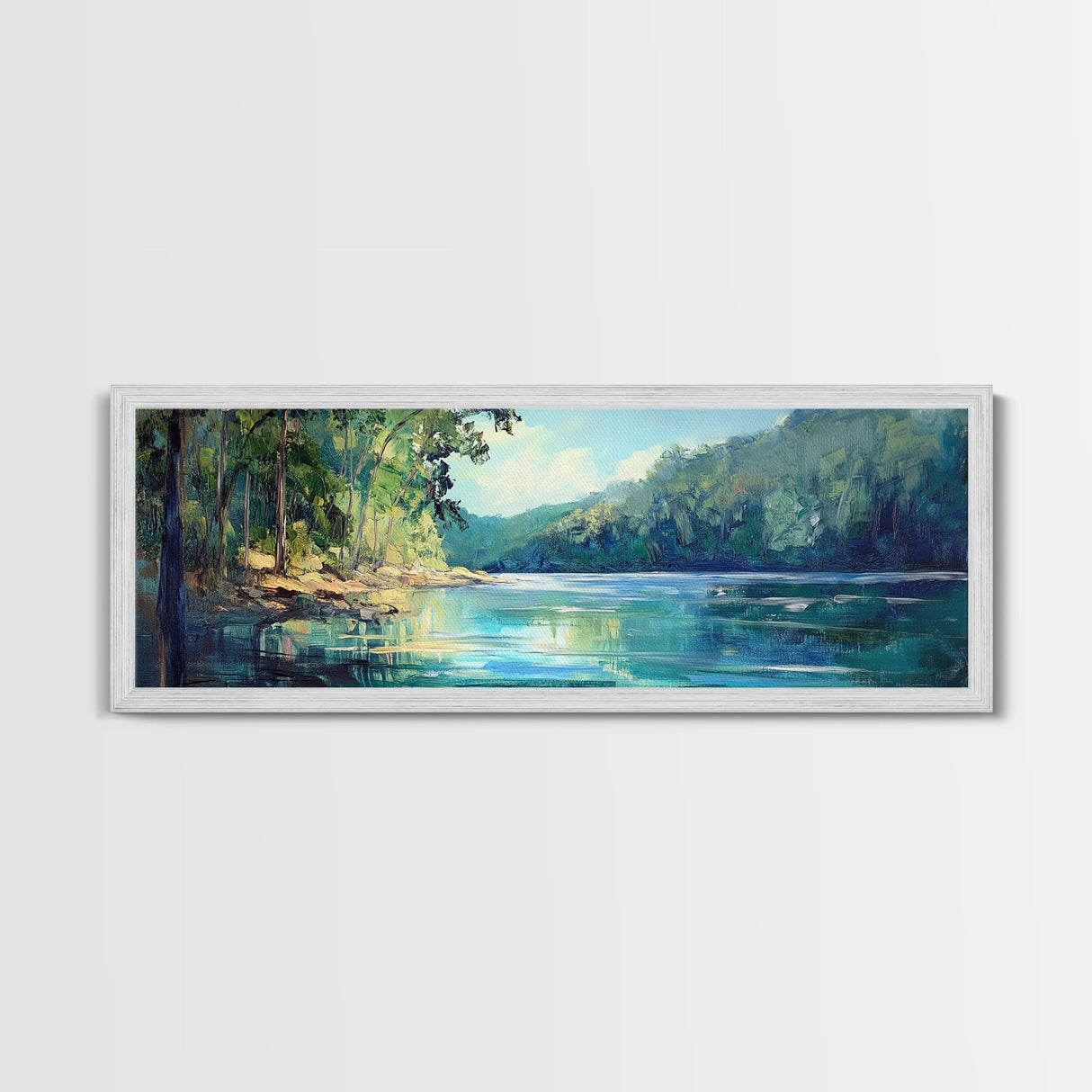 River Valley Framed Canvas Print Tranquil Nature Wall Art, Lush Green Landscape, Summer Cabin Artwork, Rustic Living Room Decor