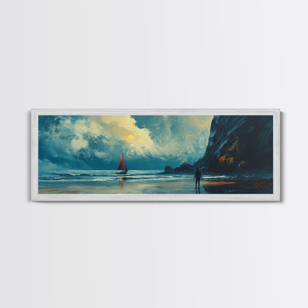 Moonlit Sailboat Canvas Print Dramatic Ocean Wall Art, Coastal Nautical Painting, Dark Blue Seascape, Moody Living Room Decor