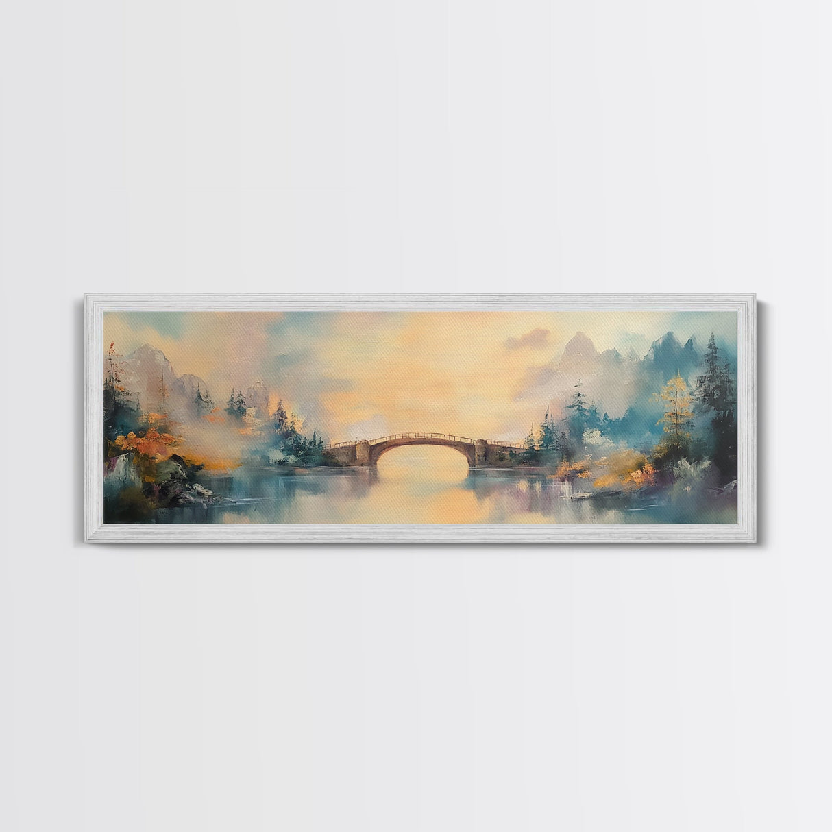 Misty Bridge Framed Canvas Print, Dreamy Lake Landscape Wall Art, Autumn Home Decor, Romantic Nature Painting, Serene Wall Artwork