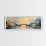 Misty Bridge Framed Canvas Print, Dreamy Lake Landscape Wall Art, Autumn Home Decor, Romantic Nature Painting, Serene Wall Artwork