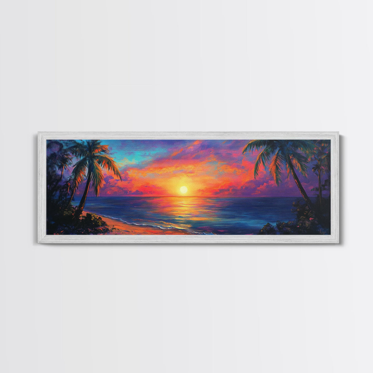 Tropical Sunset Paradise Framed Canvas Print Vibrant Beach Wall Art Palm Tree Coastal Decor Living Room Bedroom Gift Idea