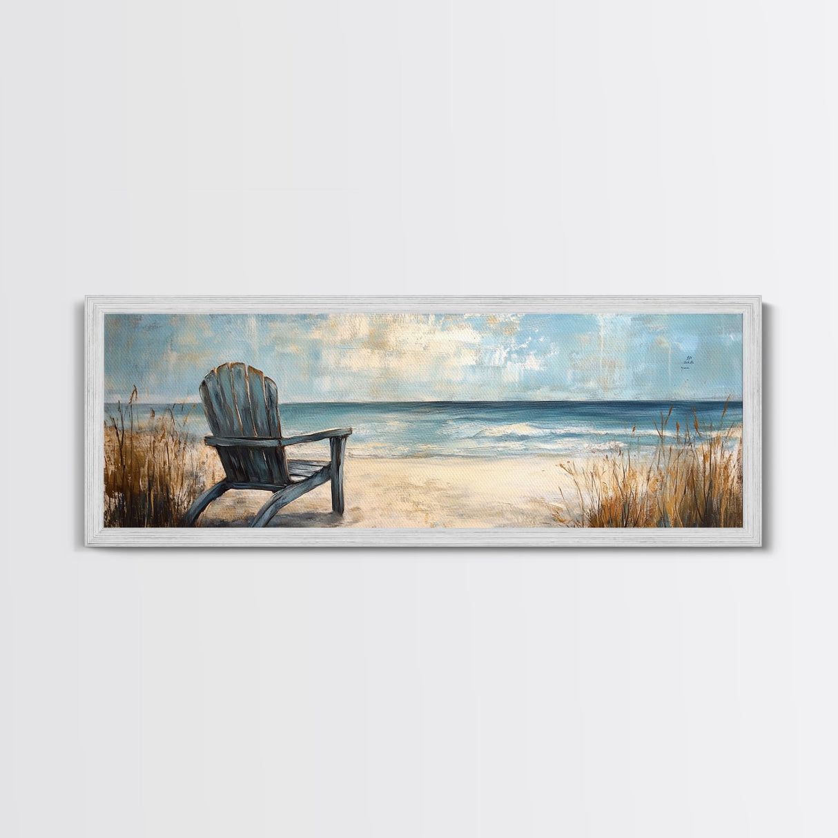 Adirondack Chair Beach Scene, Serene Coastal Landscape Art, Ocean View Wall Decor, Tranquil Bedroom, Framed Canvas Print