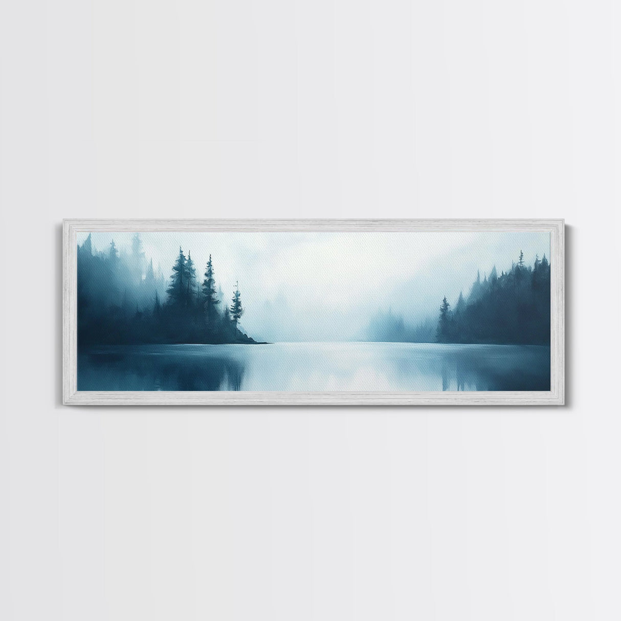 Misty Lake Forest Art, Moody Nature Painting, Blue Foggy Landscape, Tranquil Cabin Decor, Scandinavian Wall Art, Bedroom Art