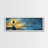 Lighthouse at Dusk Art, Nautical Coastal Painting, Moody Blue and Gold Wall Decor, Ocean Scene Artwork, Tranquil Living Room Art