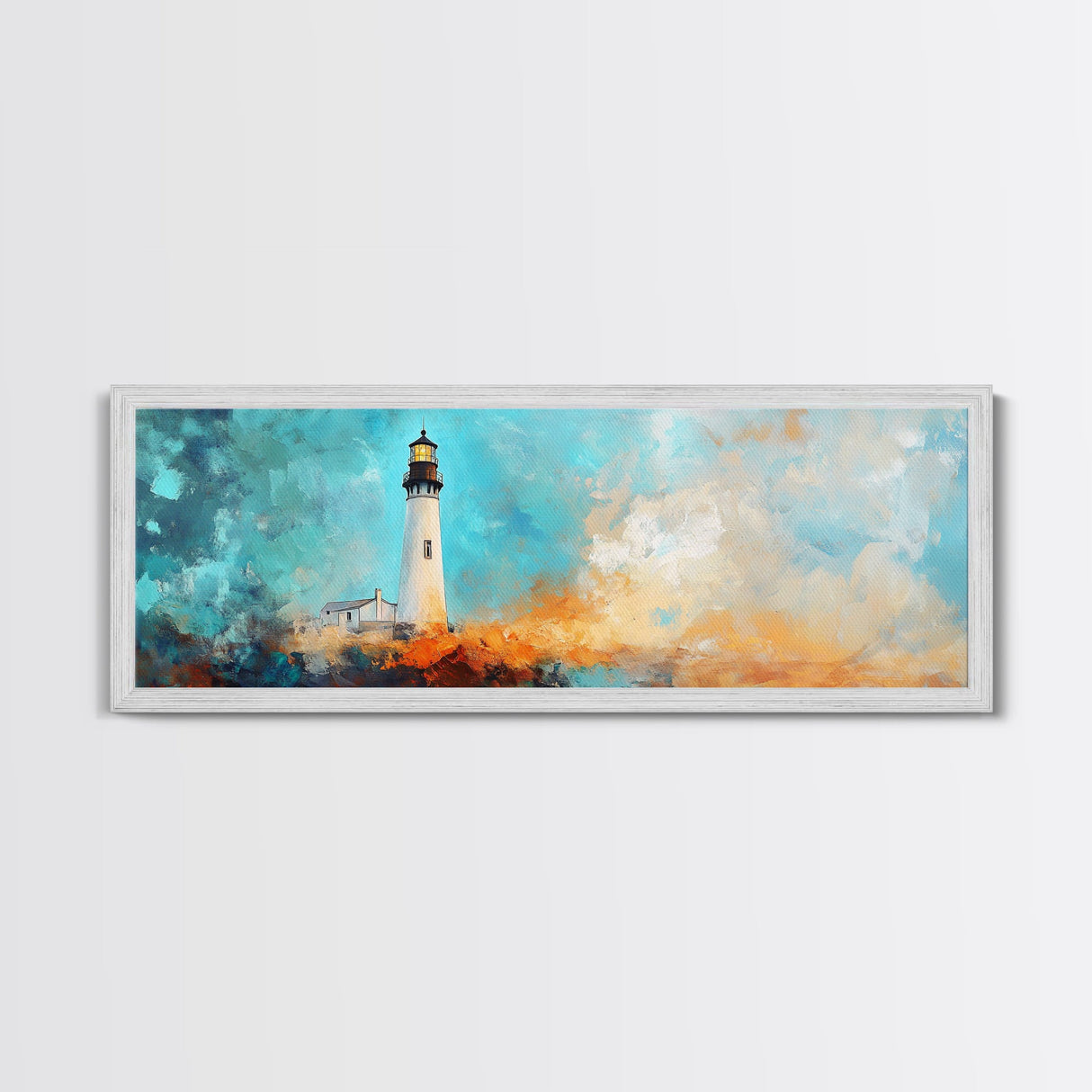Lighthouse Cliff Seascape Art, Coastal Landscape Painting, Ocean View Home Decor, Modern Nautical Wall Art, Large Living Room Art