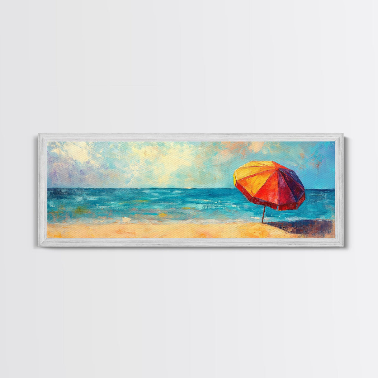 Vibrant Beach Umbrella Painting, Colorful Coastal Ocean Art, Bold Summer Seascape Decor, Bright Living Room, Canvas Print