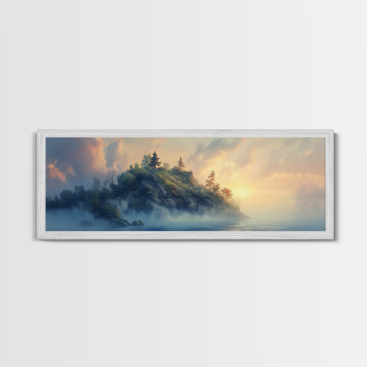 Misty Island Sunrise Canvas Print - Scenic Landscape Wall Art, Living Room Decor, Soft Light Artwork, Serene Home Office Art