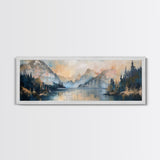 Mountain Lake Reflection Framed Canvas Print - Tranquil Nature Painting, Neutral Home Decor, Minimalist Landscape Wall Art