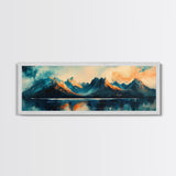 Majestic Mountains Framed Canvas Print Scenic Landscape Art, Blue and Gold Mountain Painting, Nature Wall Decor, Bedroom Wall Art