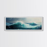 Stormy Sea Framed Canvas Print Dramatic Ocean Waves Painting, Moody Nautical Wall Art, Deep Blue Coastal Decor, Living Room Art