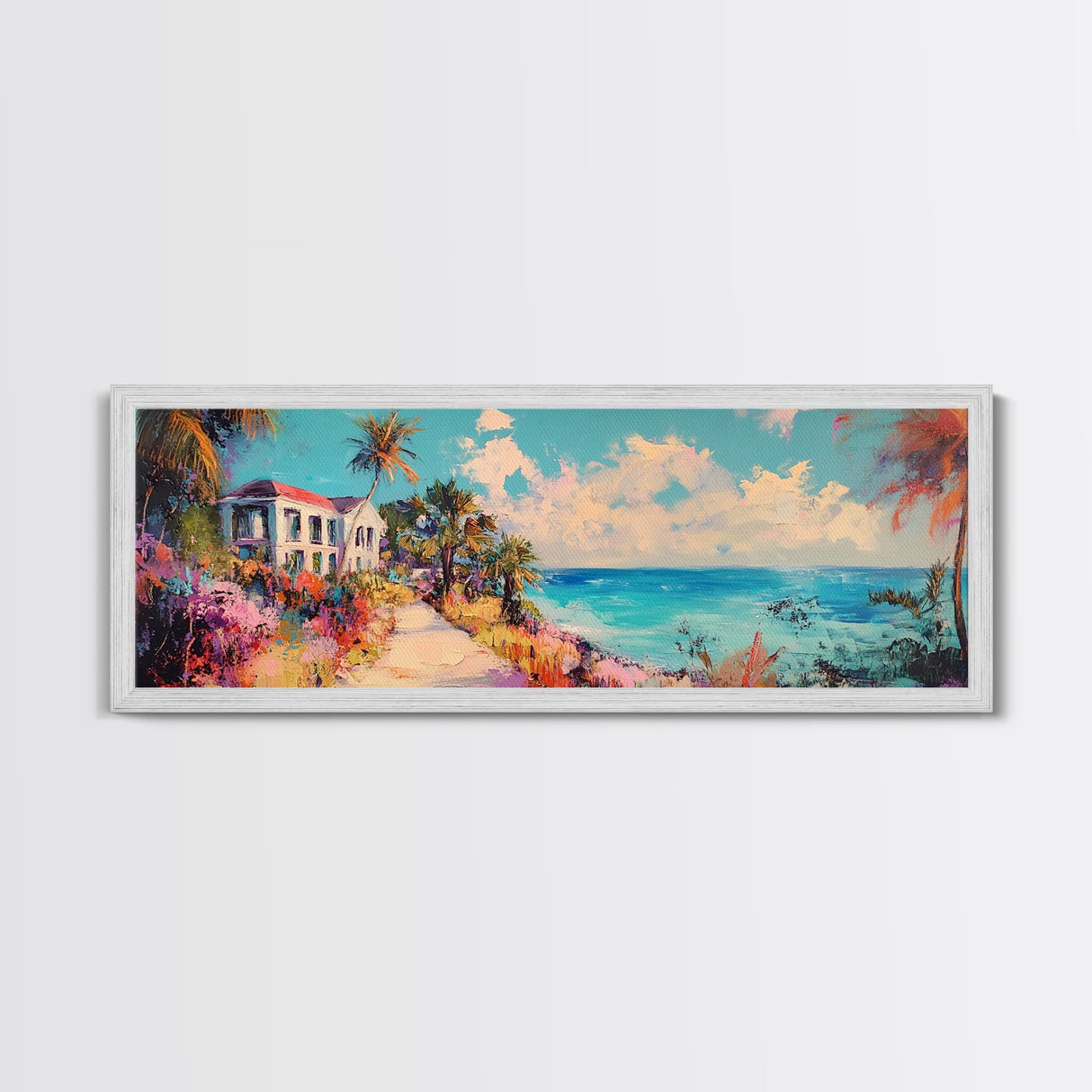 Tropical Beach Canvas Print Coastal House Painting, Palm Tree Art, Vibrant Seaside Wall Decor, Summer Home Decor, Living Room Art