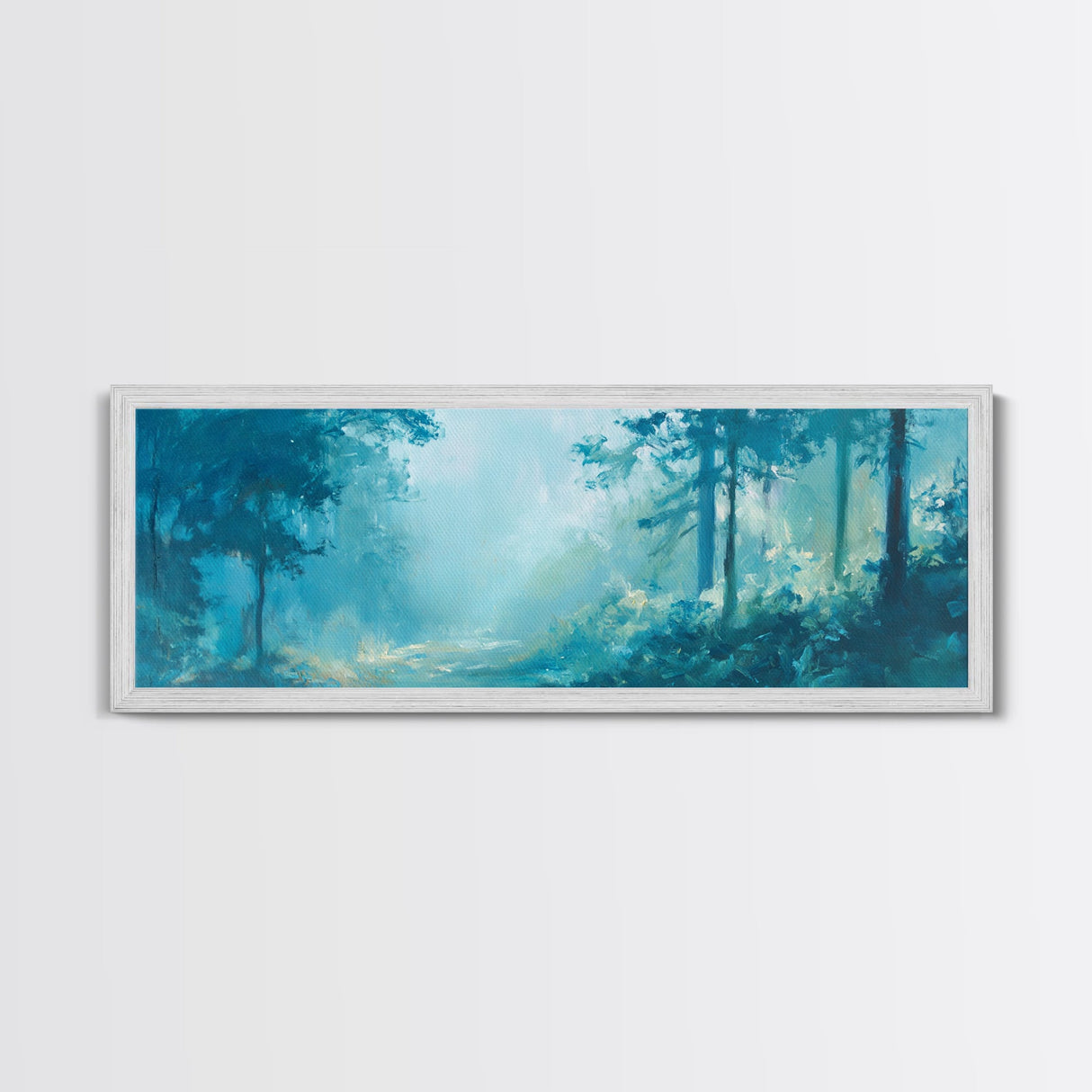 Misty Forest Painting Ethereal Blue Woodland Art Dreamy Nature Landscape Wall Decor Tranquil Aesthetic Bedroom Artwork