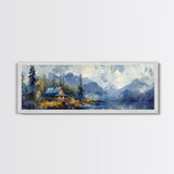 Mountain Cabin Painting Rustic Lakeside Autumn Landscape Wall Art Cozy Wilderness Retreat Artwork Living Room
