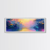 Vibrant Sunset River Framed Canvas Print, Colorful Nature Art, Dreamy Landscape Painting, Living Room Wall Art, Boho Sunset Decor