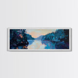 Twilight Lake Reflections Framed Canvas Print, Moody Landscape Painting, Dark Blue Nature Wall Art, Bedroom Art, Wilderness Artwork