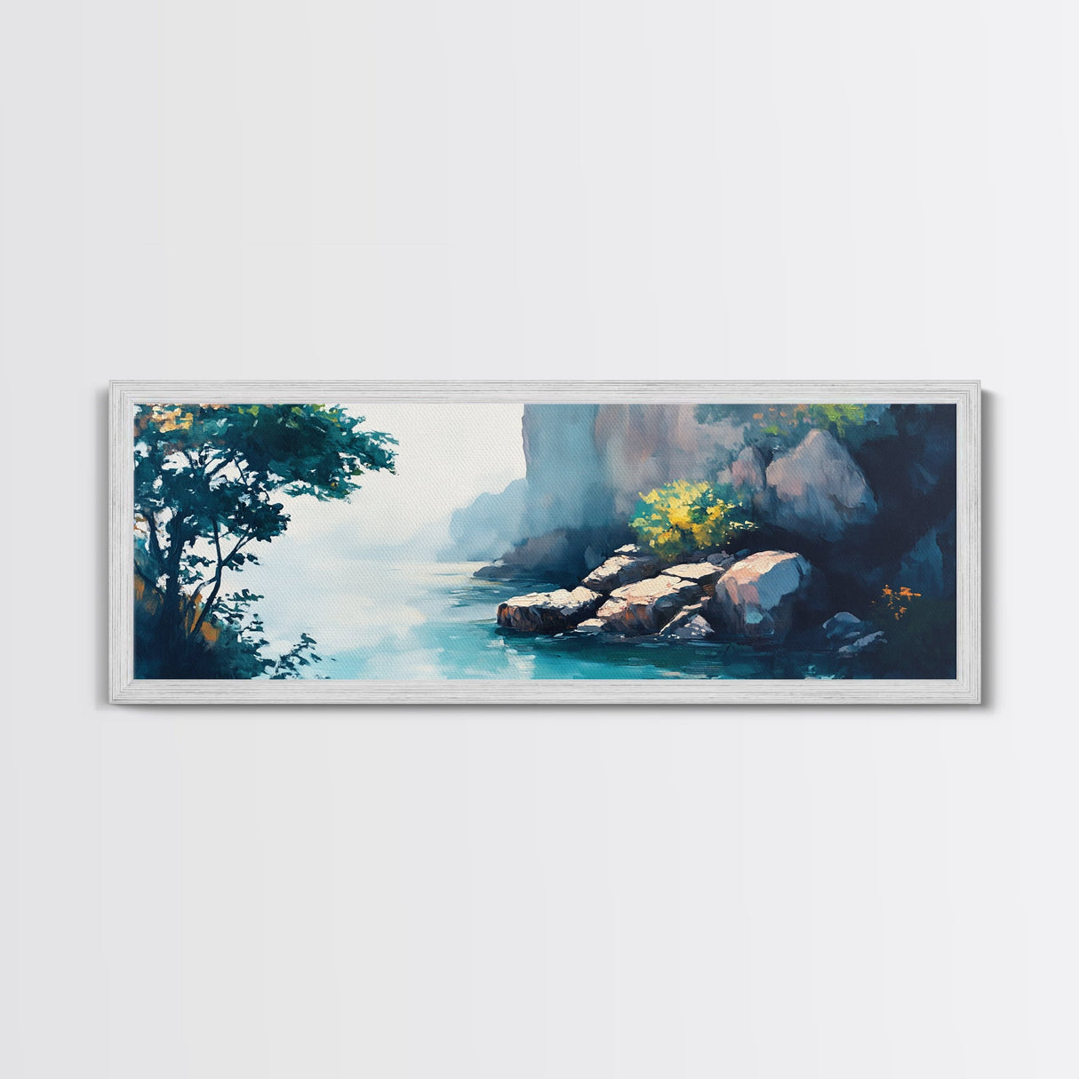 Misty Canyon River Framed Canvas Print, Serene Landscape Painting, Tranquil Nature Art, Zen Wall Decor, Bedroom Relaxation Artwork