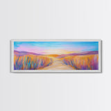 Serene Desert Sunset Path Framed Canvas Print, Southwestern Landscape Wall Art, Warm Earthy Tones, Nature Decor, Living Room Art
