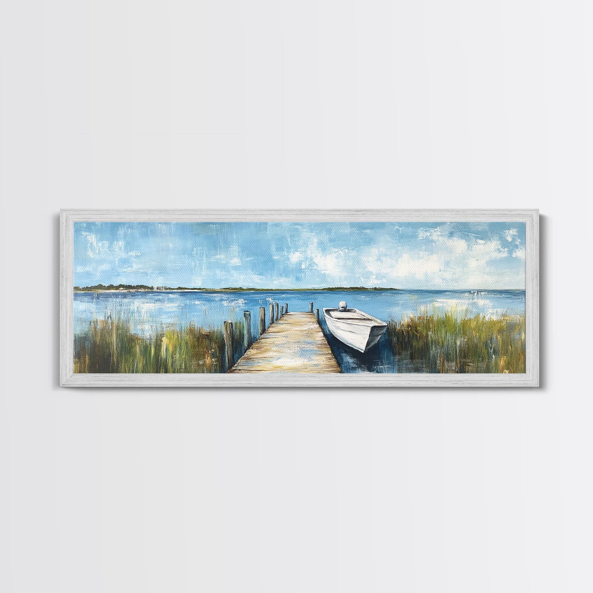 Lakeside Dock Framed Canvas Print Tranquil Waterfront Art Boat Painting Relaxing Cabin Decor Nautical Wall Art Rustic Living Room