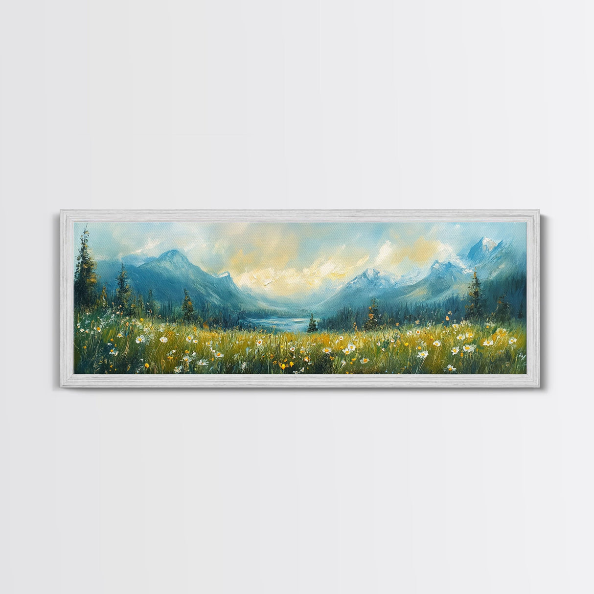 Mountain Lake Meadow Painting, Serene Nature Landscape, Cozy Cabin Art, Blue and Green Rustic Bedroom Wall Decor, Framed Canvas Print