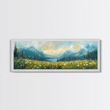Mountain Lake Meadow Painting, Serene Nature Landscape, Cozy Cabin Art, Blue and Green Rustic Bedroom Wall Decor, Framed Canvas Print