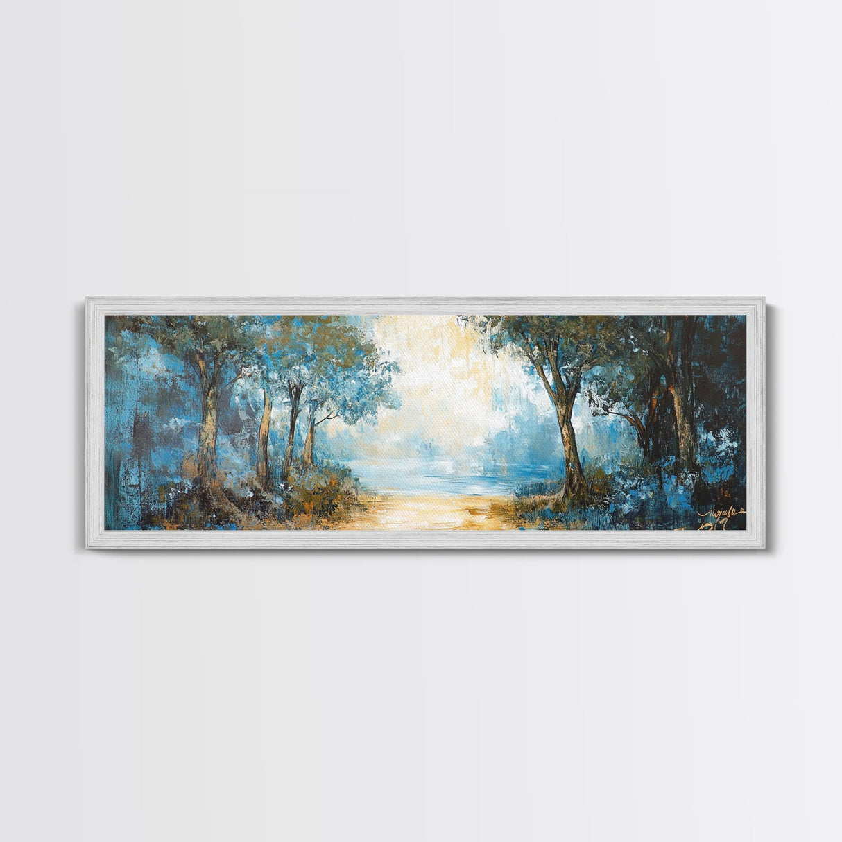 Blue Forest Path Framed Canvas Print Landscape Painting, Nature Inspired Wall Art, Rustic Home Decor, Modern Artwork