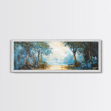 Blue Forest Path Framed Canvas Print Landscape Painting, Nature Inspired Wall Art, Rustic Home Decor, Modern Artwork