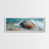 Ocean Rock Waves Framed Canvas Print Coastal Nature Wall Art, Beach Landscape Painting, Rustic Seascape Decor, Home Accent