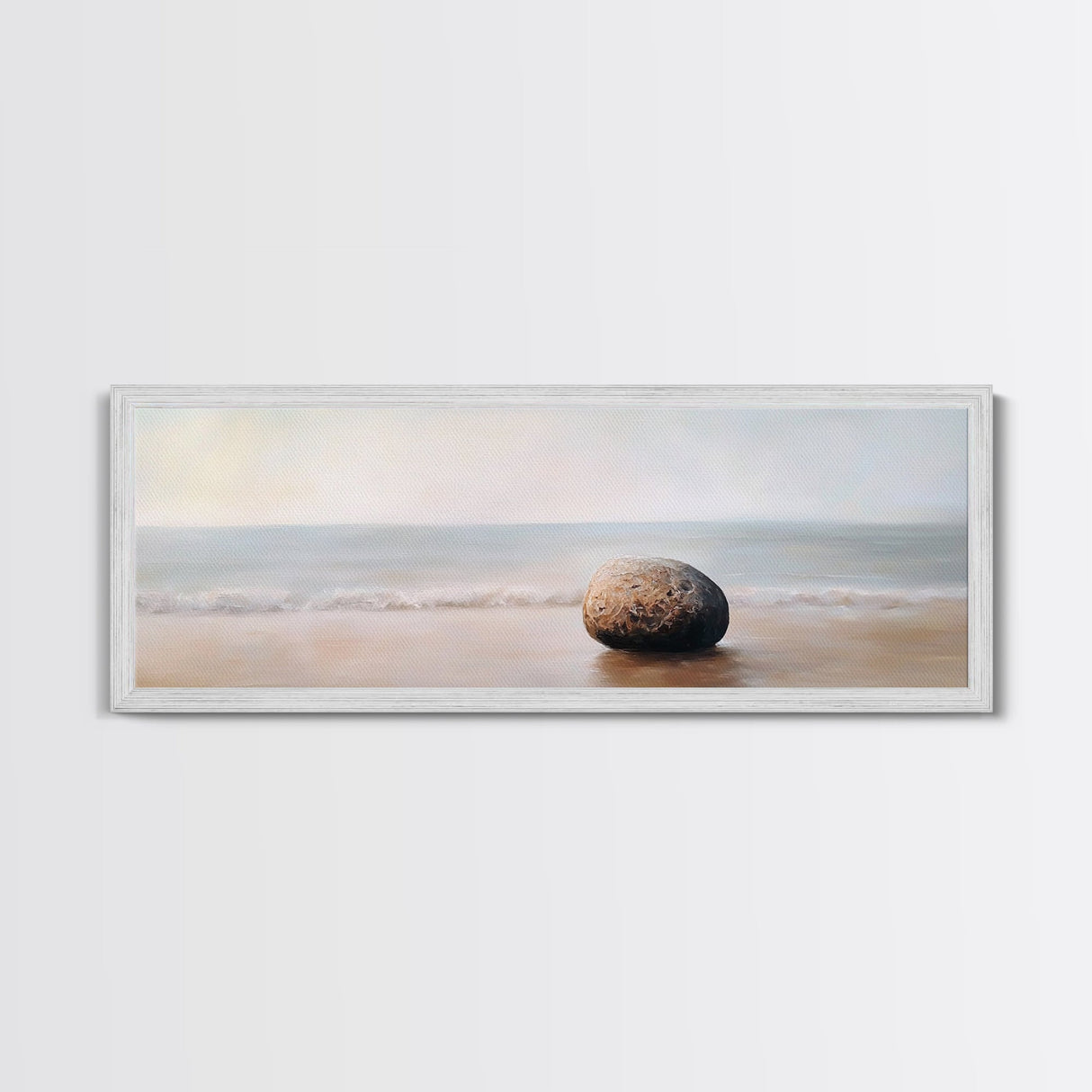 Tranquil Beach Rock Canvas Print Minimalist Wall Art Coastal Zen Painting Neutral Living Room Wall Art Serene Ocean Decor