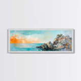 Seaside Cliff, Tranquil Beach Painting, Ocean View Wall Art, Home Decor, Framed Canvas Print, Minimalist Style, Bedroom Artwork