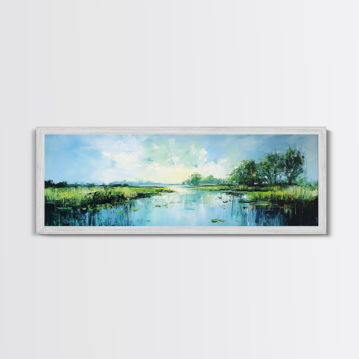 Tranquil, Marshland, Reflection, Nature, Framed Canvas Print, Living Room Wall Art, Impressionist Art, Serene Water Scene